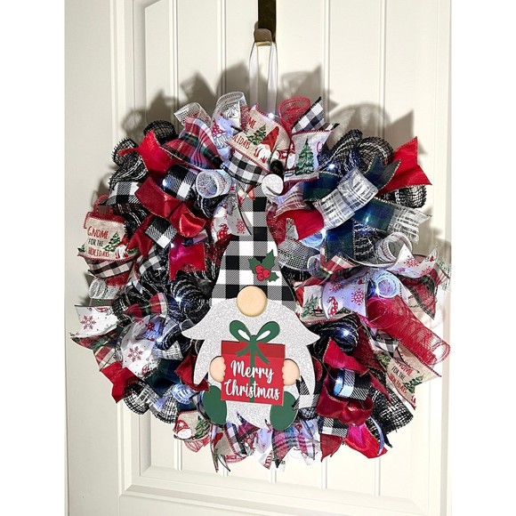 Handmade Merry Christmas Gnome Holiday Ribbon Door Wreath 22 ins W48 - Picture 2 of 11